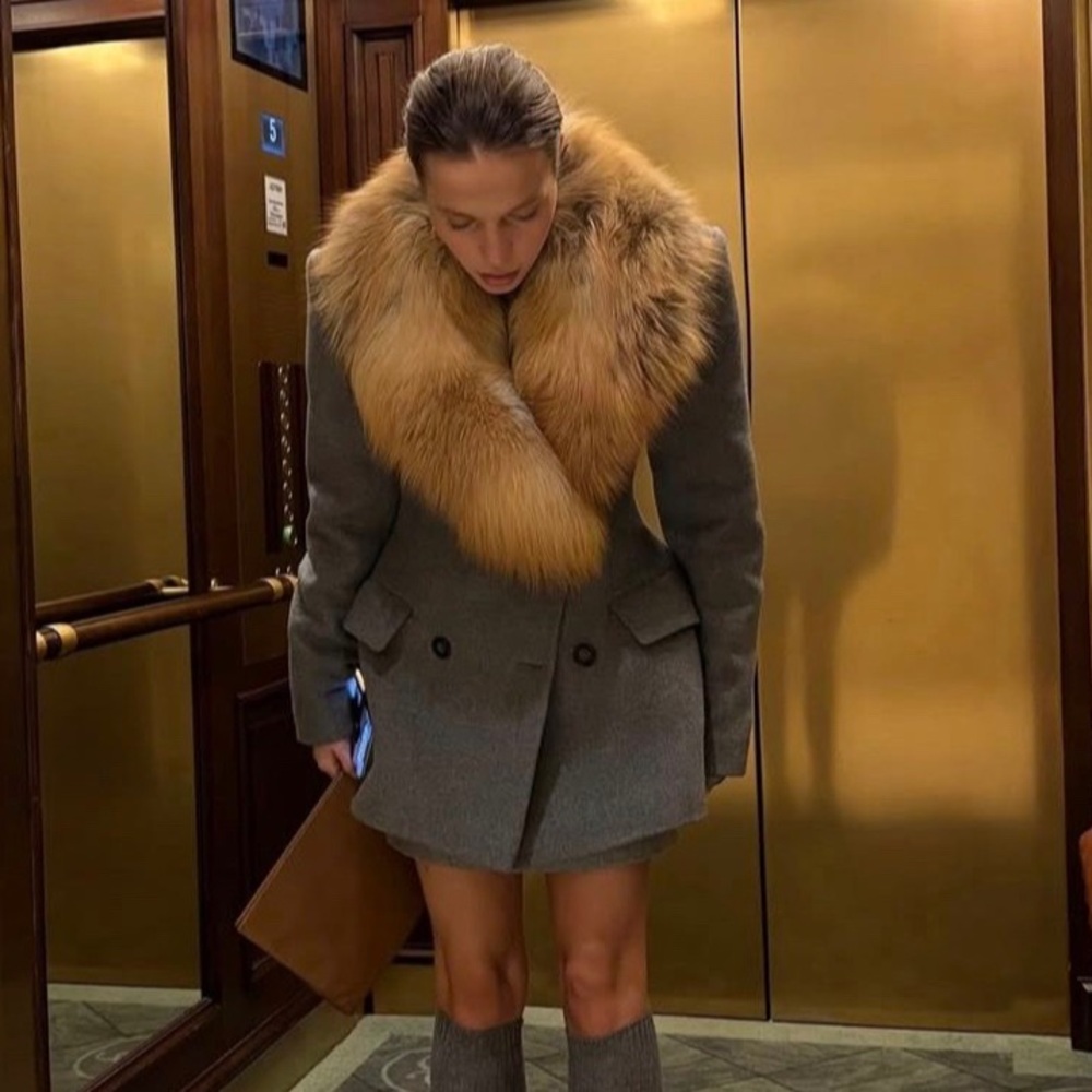 Pure wool and Mink Fur Collar Grey Pea Coat